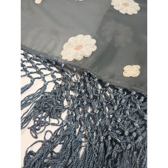 Hagel Sz L Gray Chiffon Open Front Cover Up Top Floral Kimono Tasseled - Picture 11 of 12